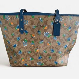 Coach City Tote in Brown Signature Floral with Blue Trim